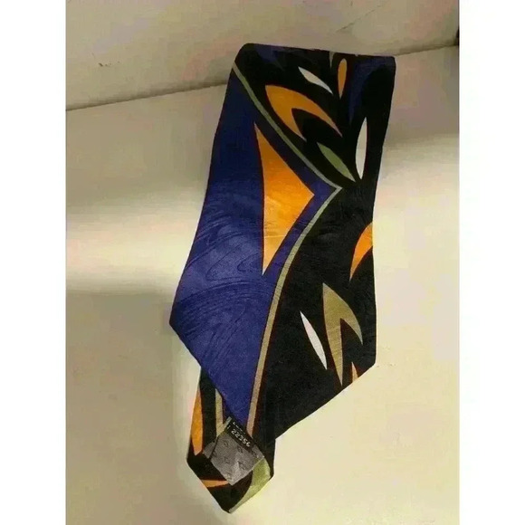 Albert Nipon Mens Silk Necktie Made In USA Geometric Pattern Black/Blue/Yellow - Picture 1 of 7